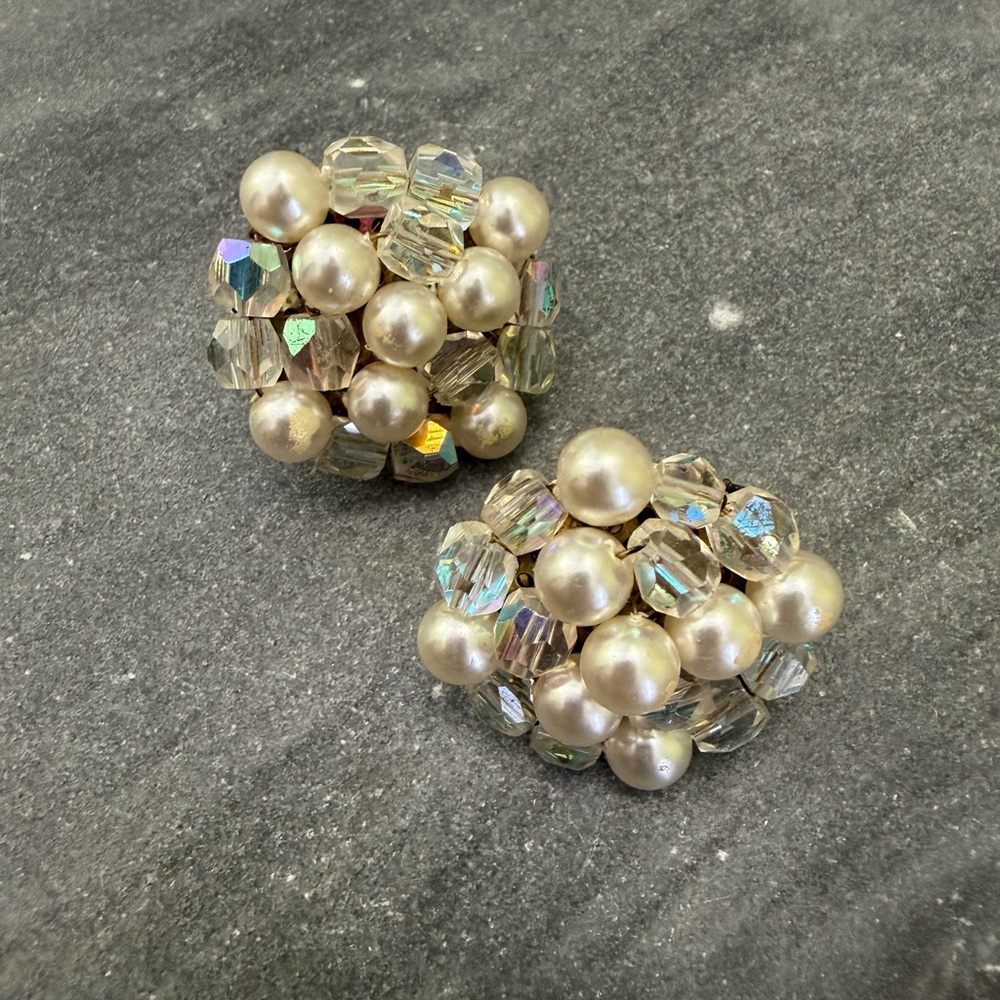 Vintage Pearl Iridescent Crystal Clip On Japan Earrings